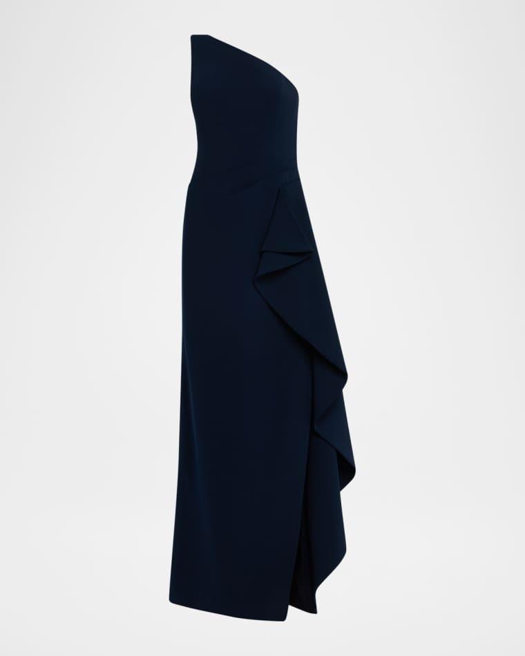 One-Shoulder Ruffle Crepe Gown by RICKIE FREEMAN FOR TERI JON