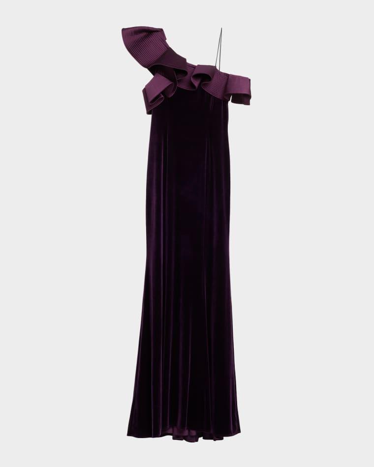 One-Shoulder Ruffle Velvet Gown by RICKIE FREEMAN FOR TERI JON