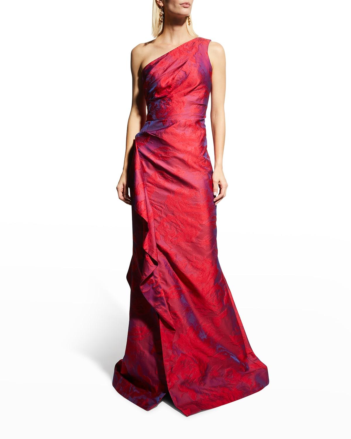 One-Shoulder Side-Ruffle Gown by RICKIE FREEMAN FOR TERI JON