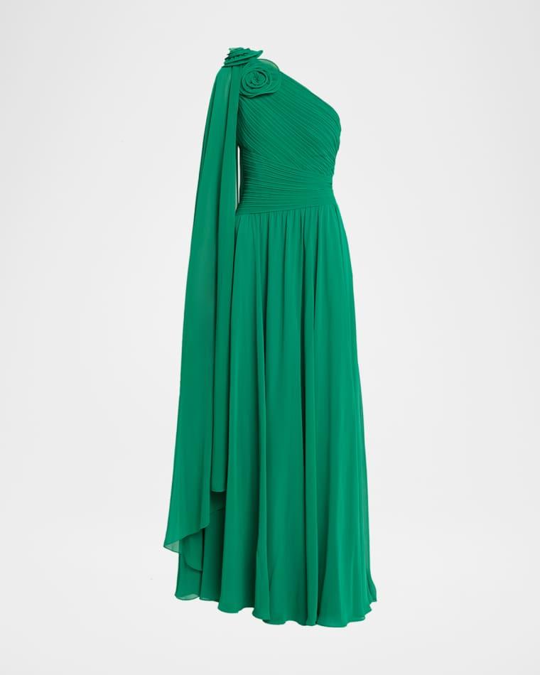 Pleated Cape-Sleeve Chiffon Gown by RICKIE FREEMAN FOR TERI JON
