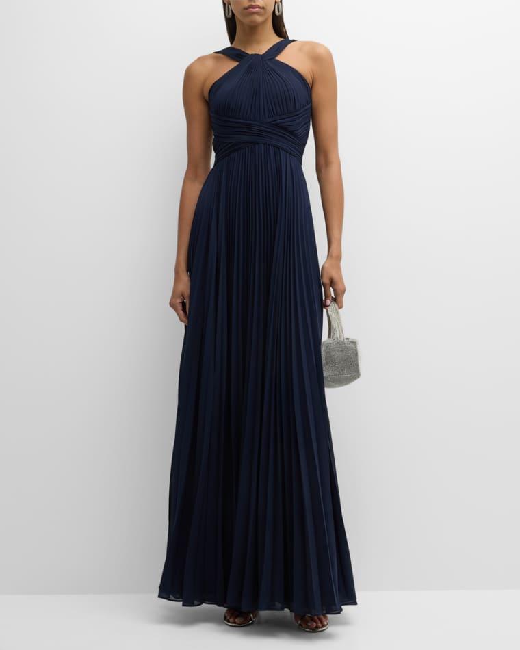 Pleated Twist-Front A-Line Halter Gown by RICKIE FREEMAN FOR TERI JON