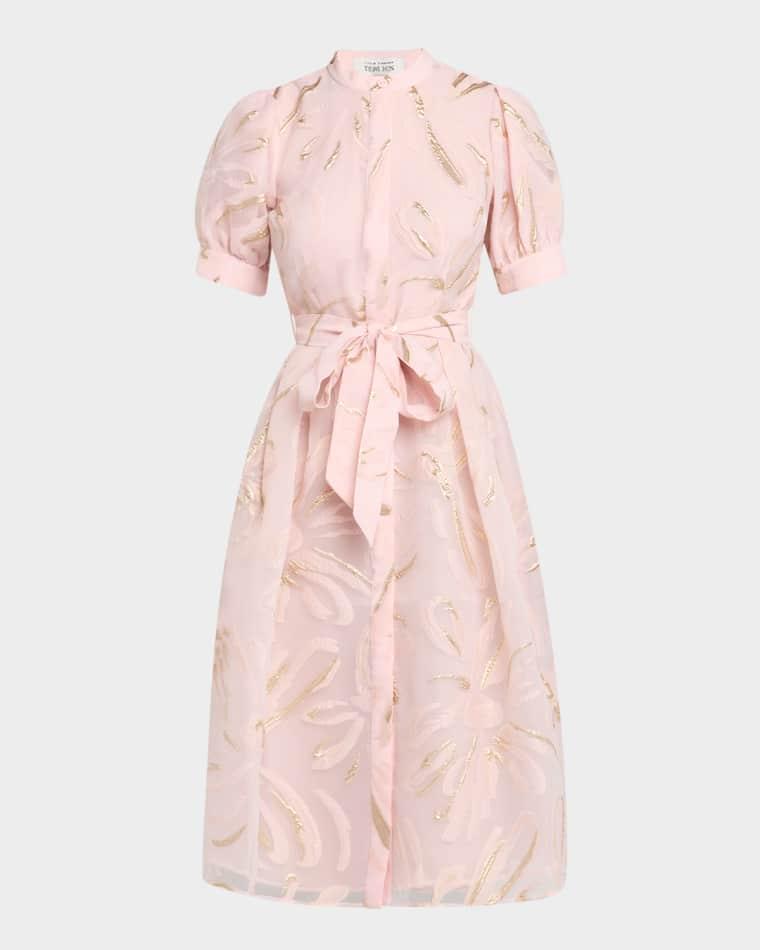Puff-Sleeve Metallic Organza Midi Dress by RICKIE FREEMAN FOR TERI JON