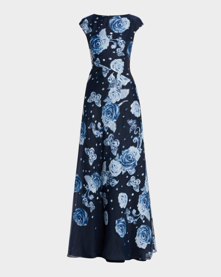 Rose and Butterfly Cap Sleeve Long Gown by RICKIE FREEMAN FOR TERI JON