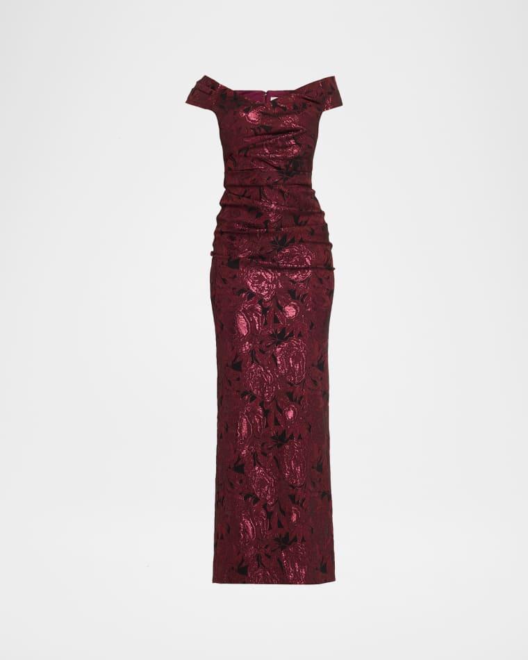 Ruched Metallic Floral Jacquard Column Gown by RICKIE FREEMAN FOR TERI JON