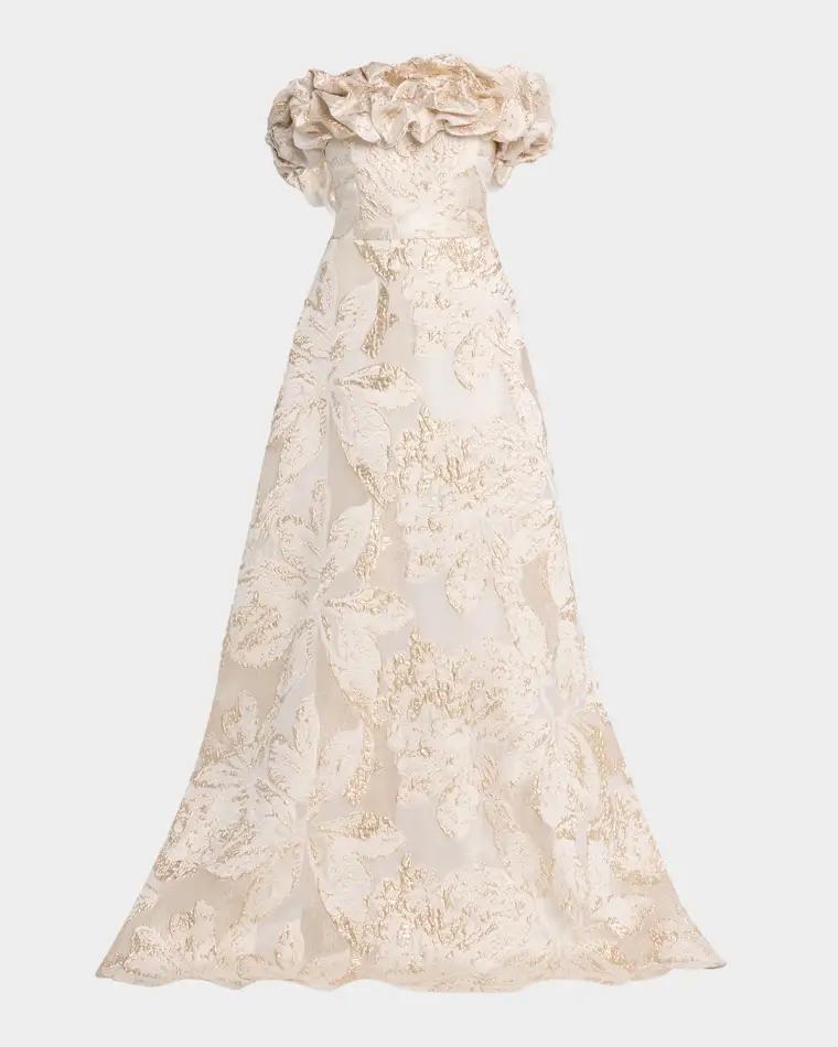 Ruffled Off-Shoulder Metallic Jacquard Gown by RICKIE FREEMAN FOR TERI JON