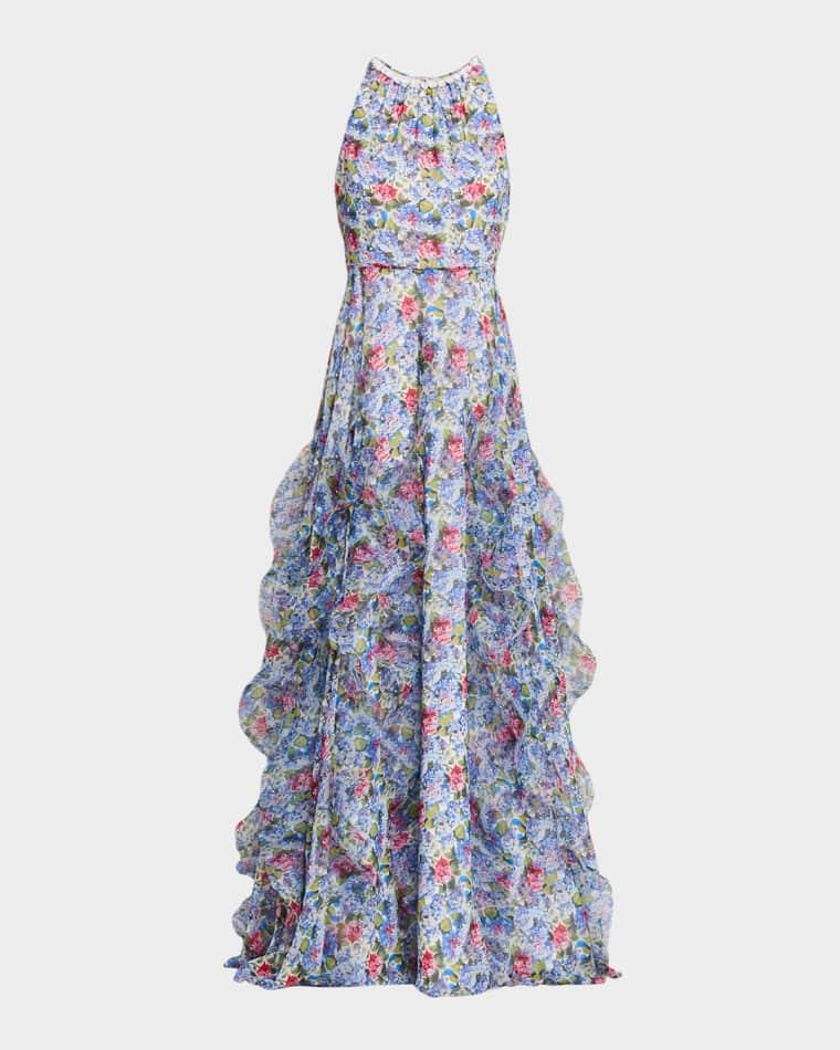 Sleeveless Floral Cascading Ruffle Gown by RICKIE FREEMAN FOR TERI JON