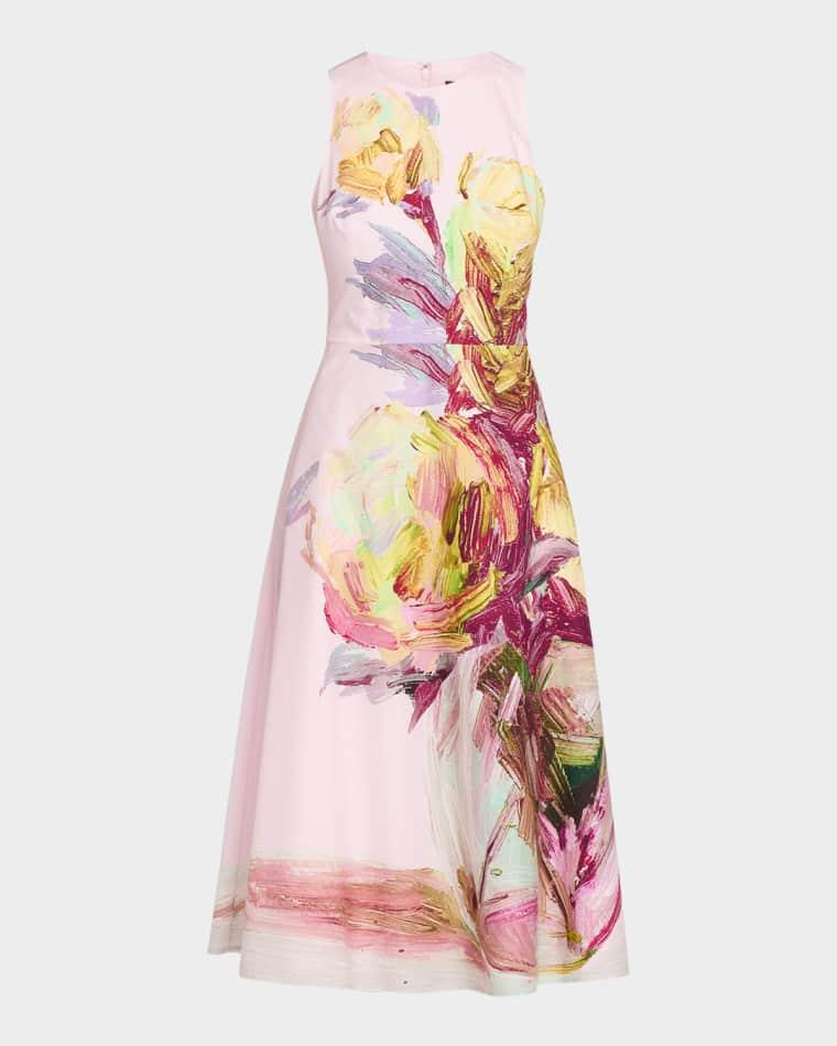 Sleeveless Floral-Print Cotton Midi Dress by RICKIE FREEMAN FOR TERI JON