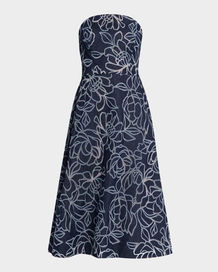 Strapless Floral Burnout Denim Midi Dress by RICKIE FREEMAN FOR TERI JON