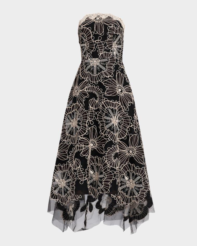 Strapless Floral-Embroidered Tulle Maxi Dress by RICKIE FREEMAN FOR TERI JON