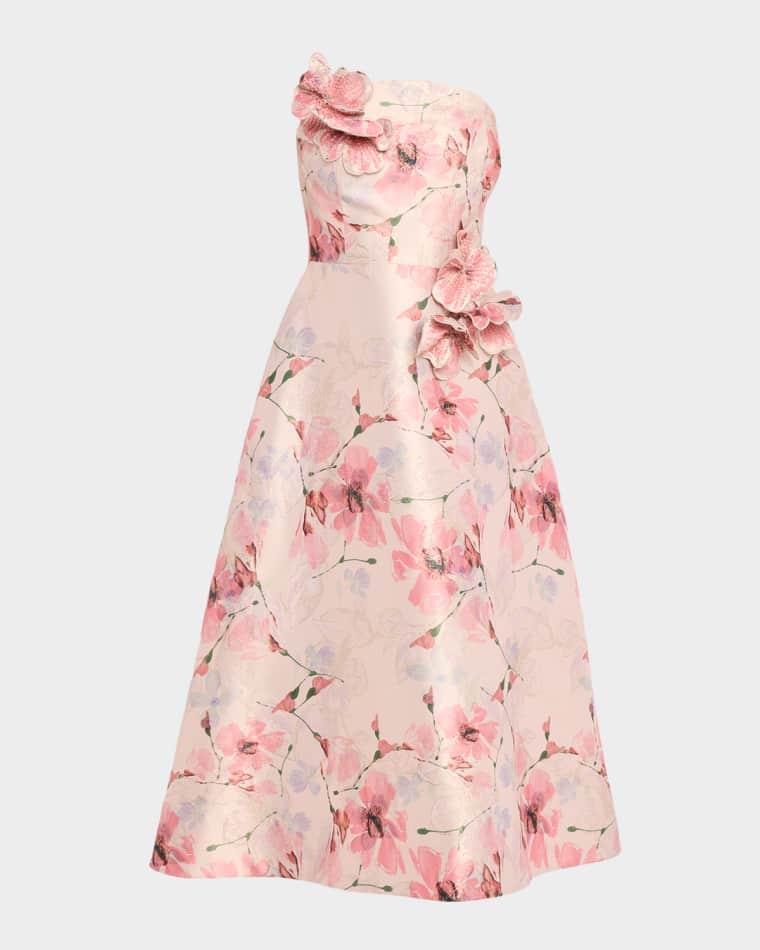Strapless Floral-Print Gazar Midi Dress by RICKIE FREEMAN FOR TERI JON