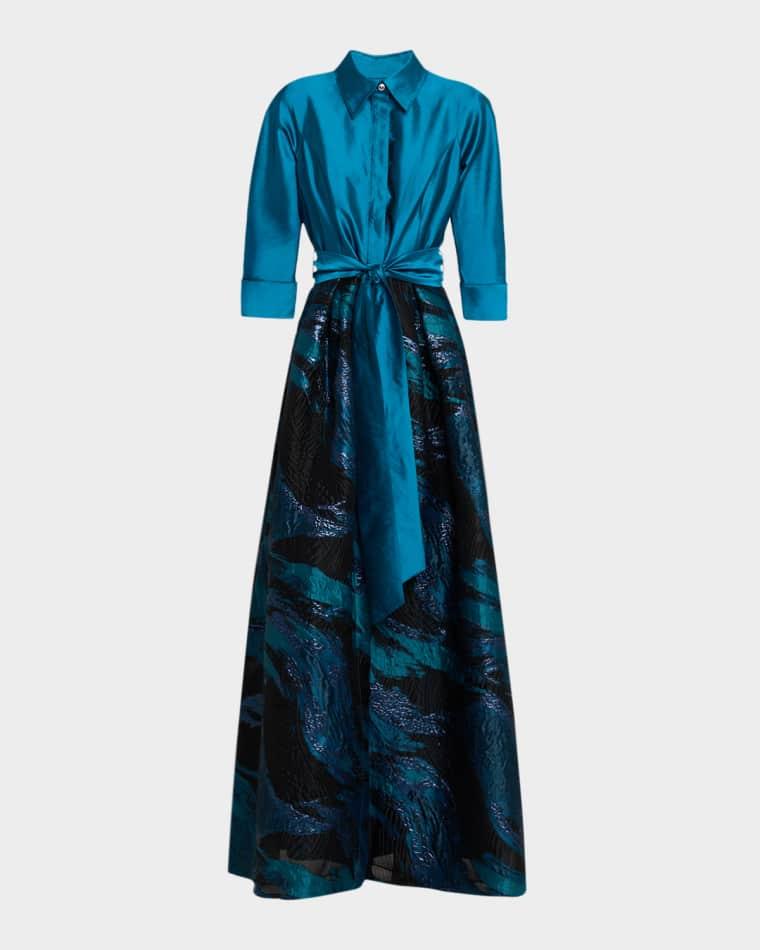 Taffeta Feather-Patterned Shirt Gown by RICKIE FREEMAN FOR TERI JON