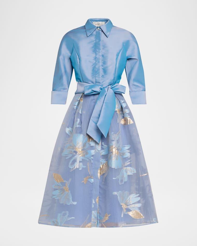 Taffeta & Floral Organza Midi Shirtdress by RICKIE FREEMAN FOR TERI JON
