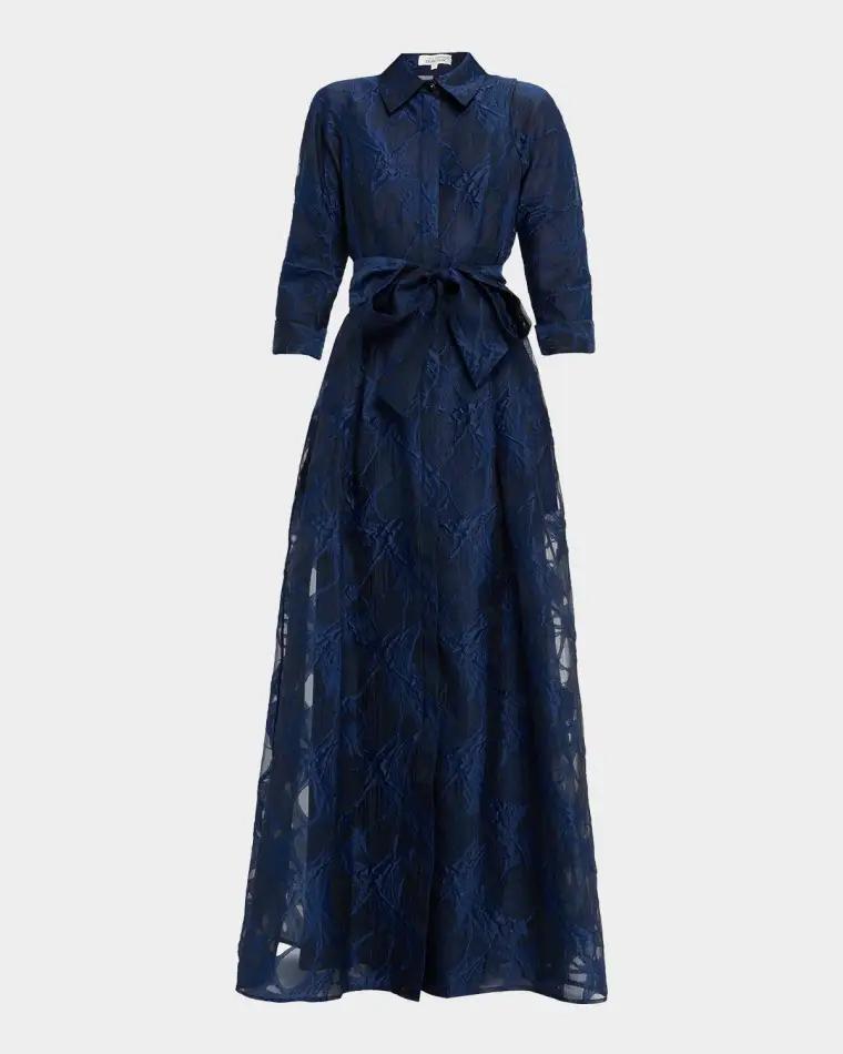 Tie-Waist Jacquard Organza Shirt Gown by RICKIE FREEMAN FOR TERI JON