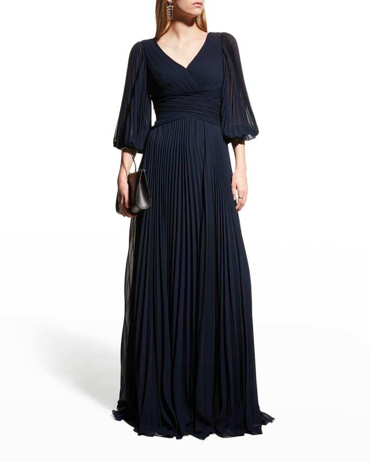 V-Neck Puff-Sleeve Pleated Chiffon Gown by RICKIE FREEMAN FOR TERI JON