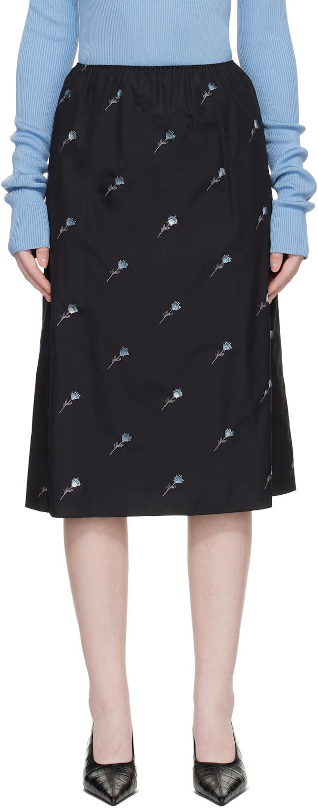 Black Pop Flowers Midi Skirt by RIER