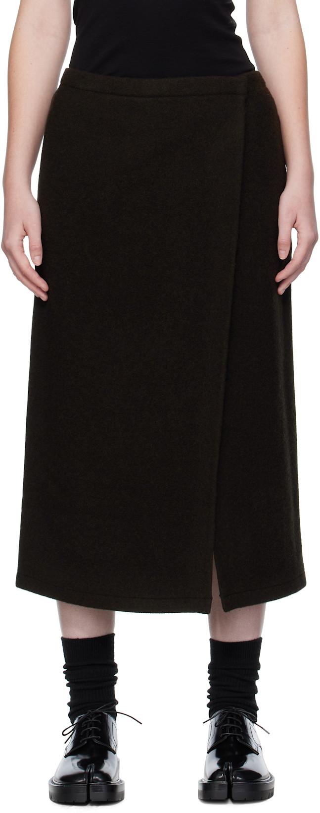Brown Wrap Midi Skirt by RIER