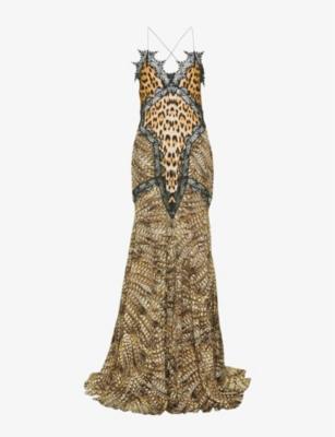 Animal-pattern broderie-trim woven gown by ROBERTO CAVALLI