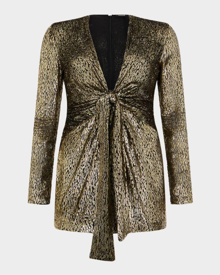 Knotted Metallic Velvet Jacquard Long-Sleeve Mini Dress by ROBERTO CAVALLI Knotted Metallic Velvet Jacquard Long-Sleeve Mini Dress by ROBERTO CAVALLI