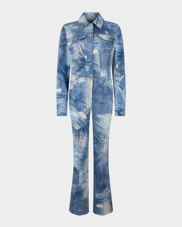 Patchwork Denim Long-Sleeve Bootcut Jumpsuit by ROBERTO CAVALLI Patchwork Denim Long-Sleeve Bootcut Jumpsuit by ROBERTO CAVALLI