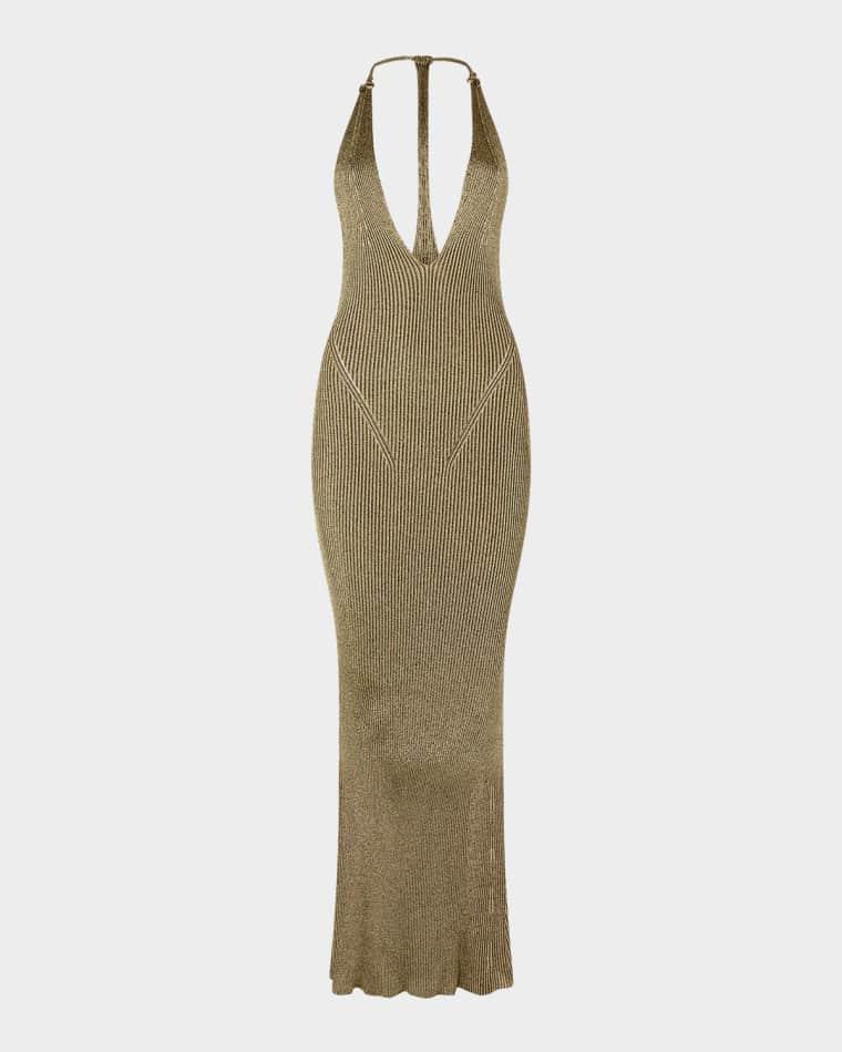 Plunging Metallic Rib Knit Maxi Dress by ROBERTO CAVALLI
