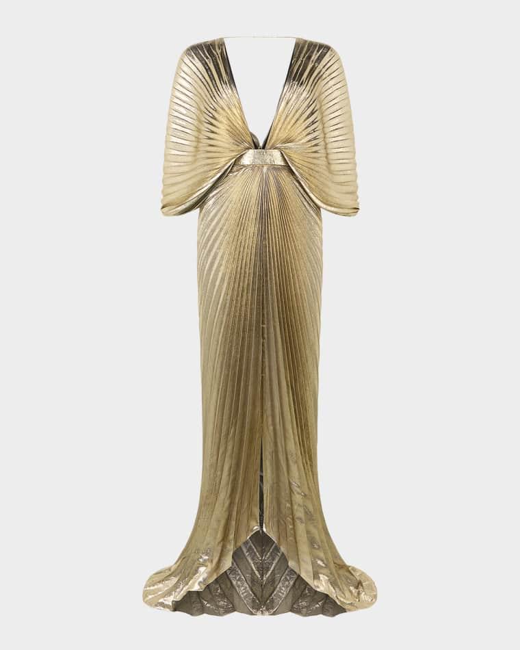 Plunging Pleated Lame Silk Backless Gown by ROBERTO CAVALLI
