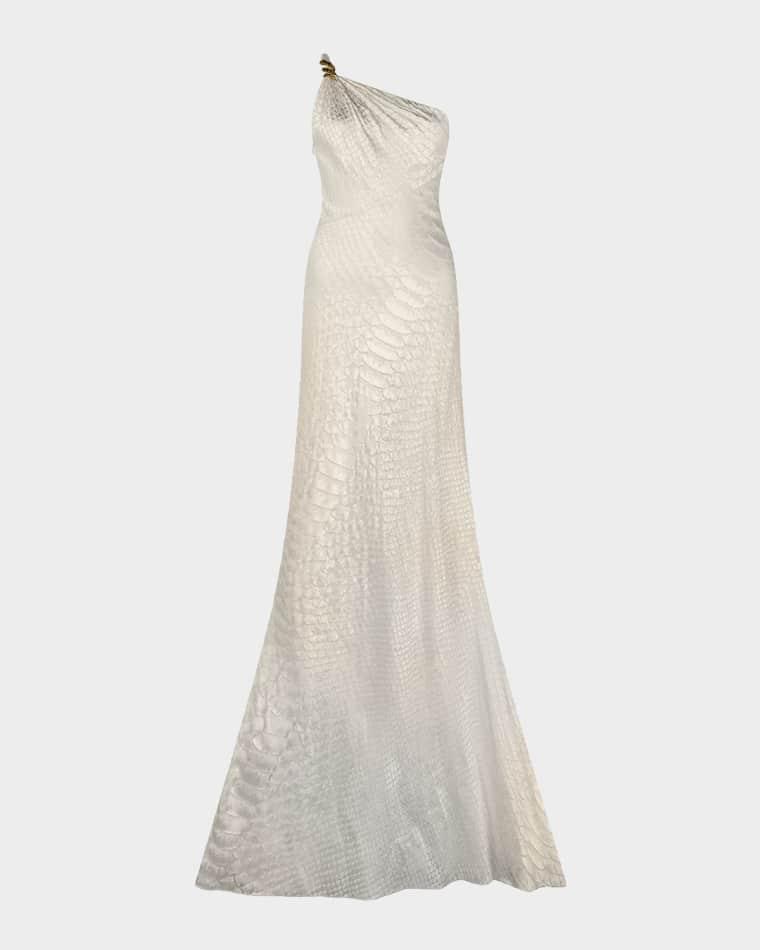 Serpentine-Print Silk One-Shoulder Maxi Dress by ROBERTO CAVALLI