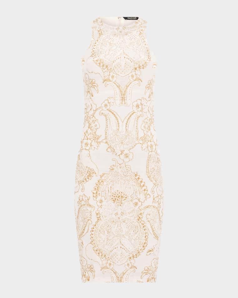 Sleeveless Metallic Jersey Devore Mini Dress by ROBERTO CAVALLI