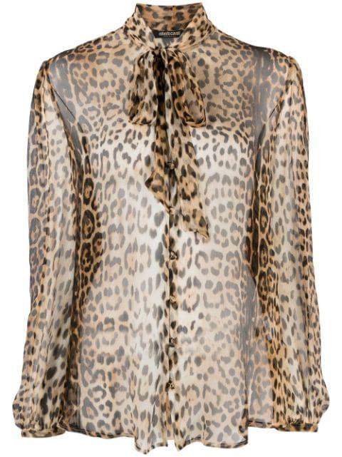 leopard-print sheer pussybow blouse by ROBERTO CAVALLI