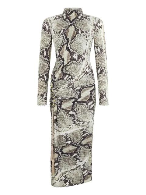 python-print ruched midi day dress by ROBERTO CAVALLI