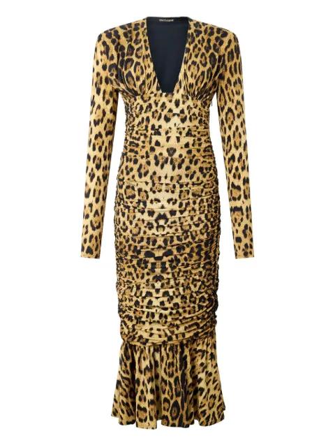 ruched leopard-print midi dress by ROBERTO CAVALLI