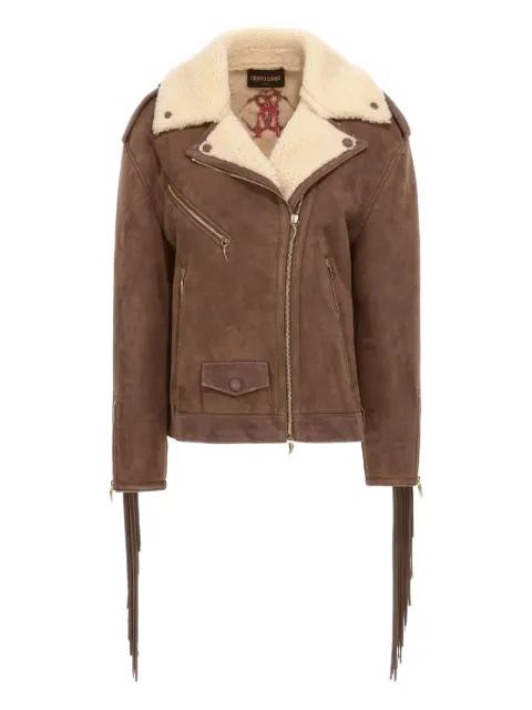 shearling-trimmed fringed leather jacket by ROBERTO CAVALLI