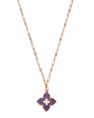 18K Rose Gold Venetian Princess Blue Titanium Diamond Flower Pendant Necklace by ROBERTO COIN