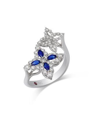 18K White Gold Diamond Princess Outline Blue Sapphire & Diamond Flower Bypass Ring by ROBERTO COIN