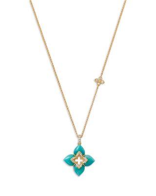 18K Yellow Gold Venetian Princess Cabochon Diamond Flower Pendant Necklace by ROBERTO COIN