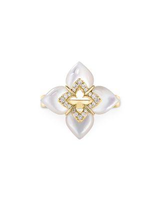 18K Yellow Gold Venetian Princess Cabochon Mother of Pearl & Diamond Flower Ring by ROBERTO COIN