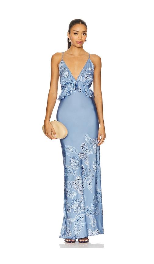 ROCOCO SAND Cross Back Peplum Maxi Dress in Slate by ROCOCO SAND