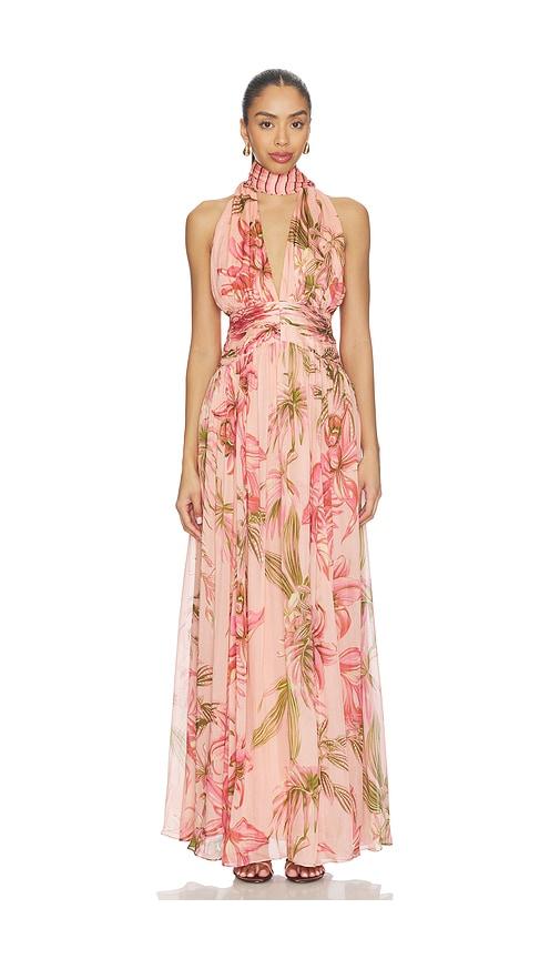 ROCOCO SAND Ruched Sash Maxi Dress in Peach by ROCOCO SAND