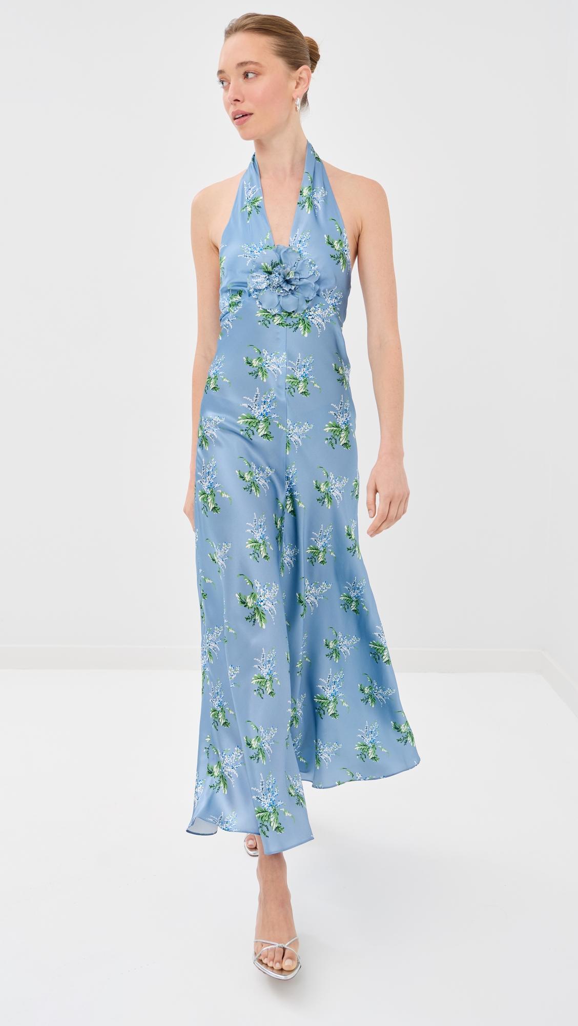 Blue Bouquet Floral Silk Satin Dress by RODARTE