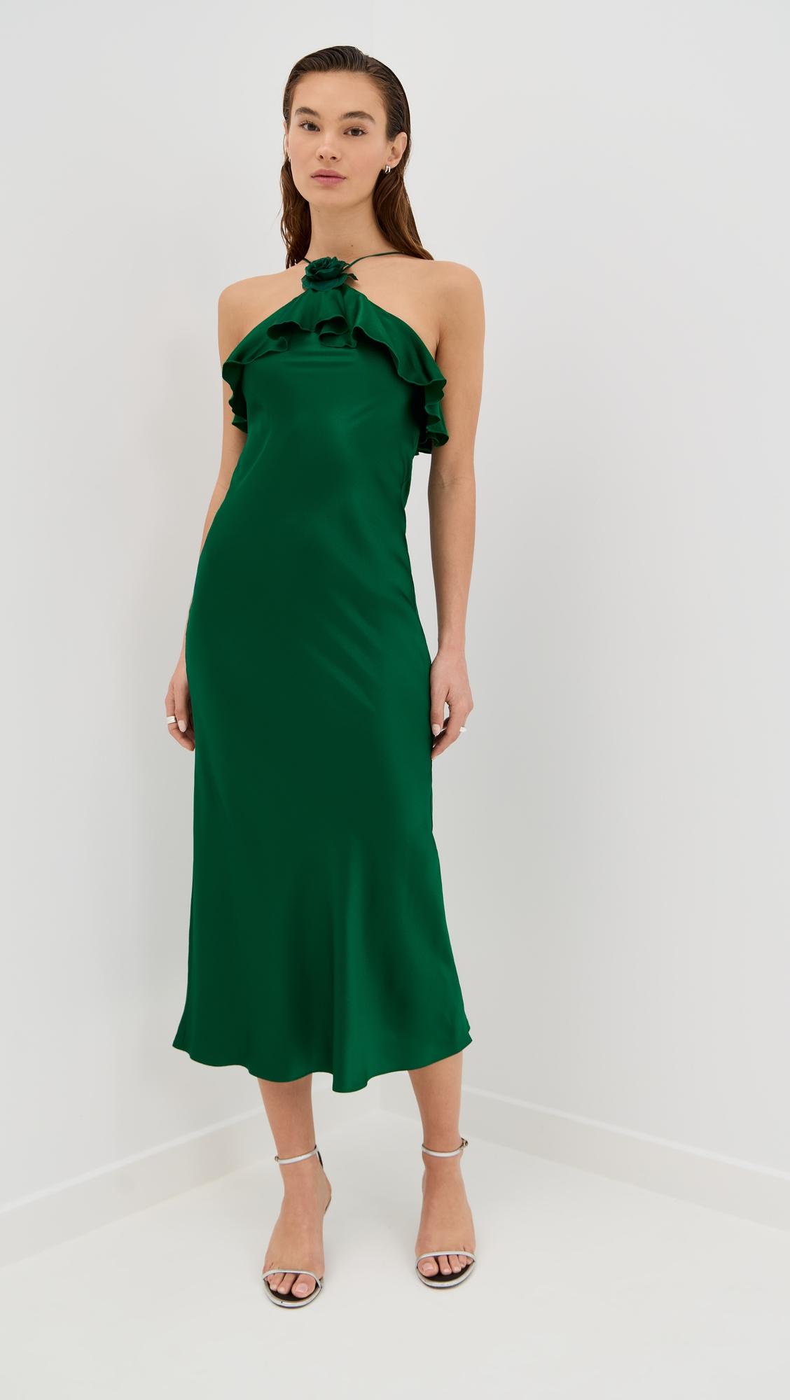 Silk Satin Bias Halter Slip Dress with Ruffle Detail and Silk Flower by RODARTE