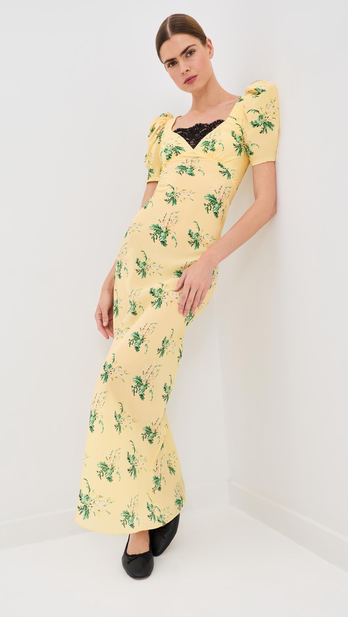 Yellow Bouquet Floral Silk Crepe Dress by RODARTE