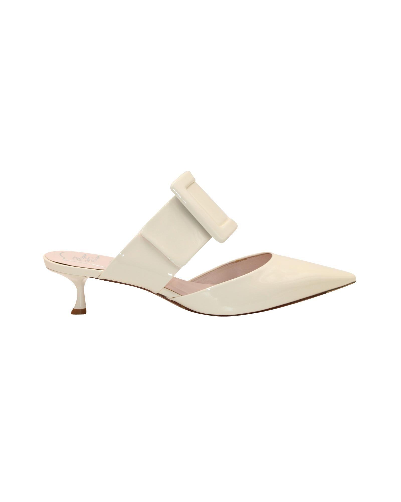 Preloved Belle Vivier Buckle Patent Leather Mules Wo - White Kitten by ROGER VIVIER