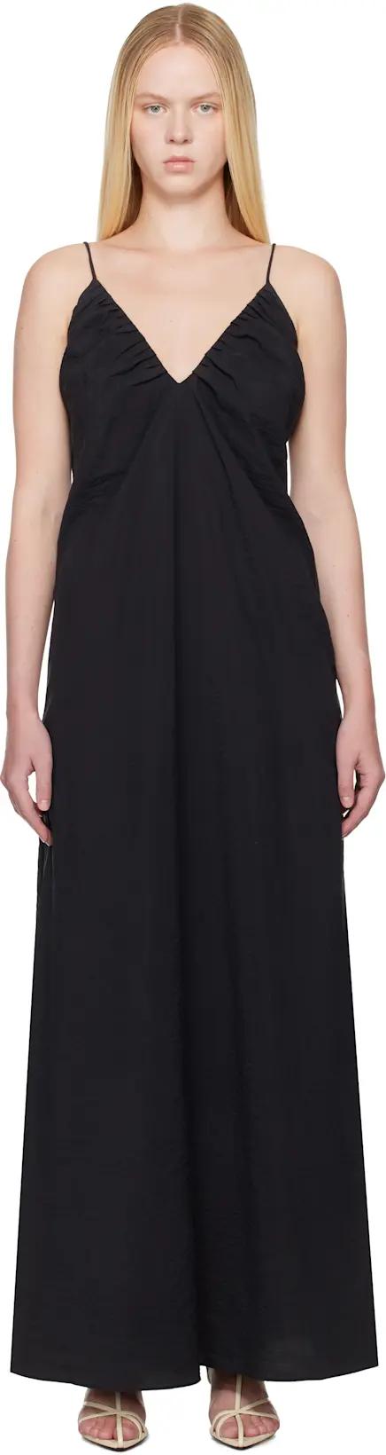 Black Hammered Silk V-Neck Strap Maxi Dress by ROHE