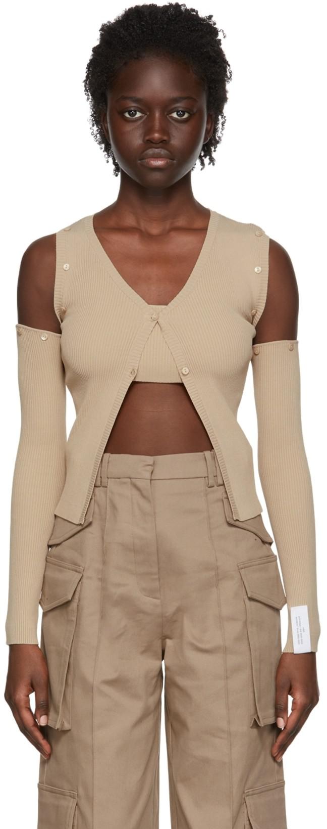 Beige Viscose Cardigan & Tank Top Set by ROKH