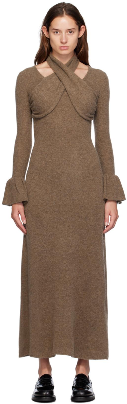 Brown Cross Knitted Maxi Dress by ROKH