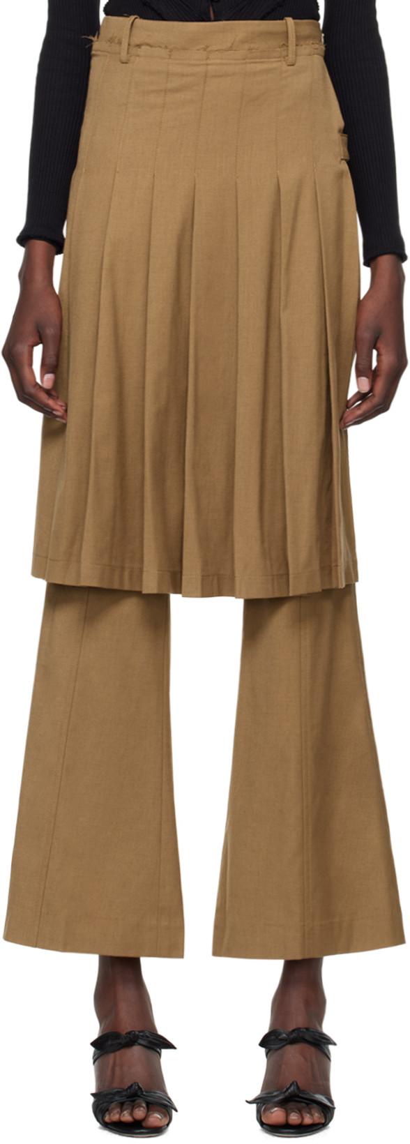 Tan Pleated Midi Skirt Trousers by ROKH
