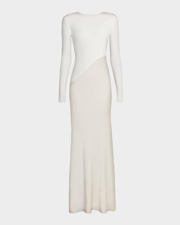Asymmetric Mixed-Media Long-Sleeve Gown by ROLAND MOURET
