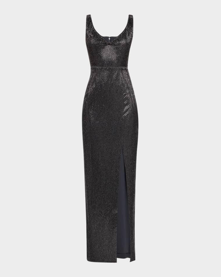 V-Neck Diamante Crepe Sleeveless Gown by ROLAND MOURET