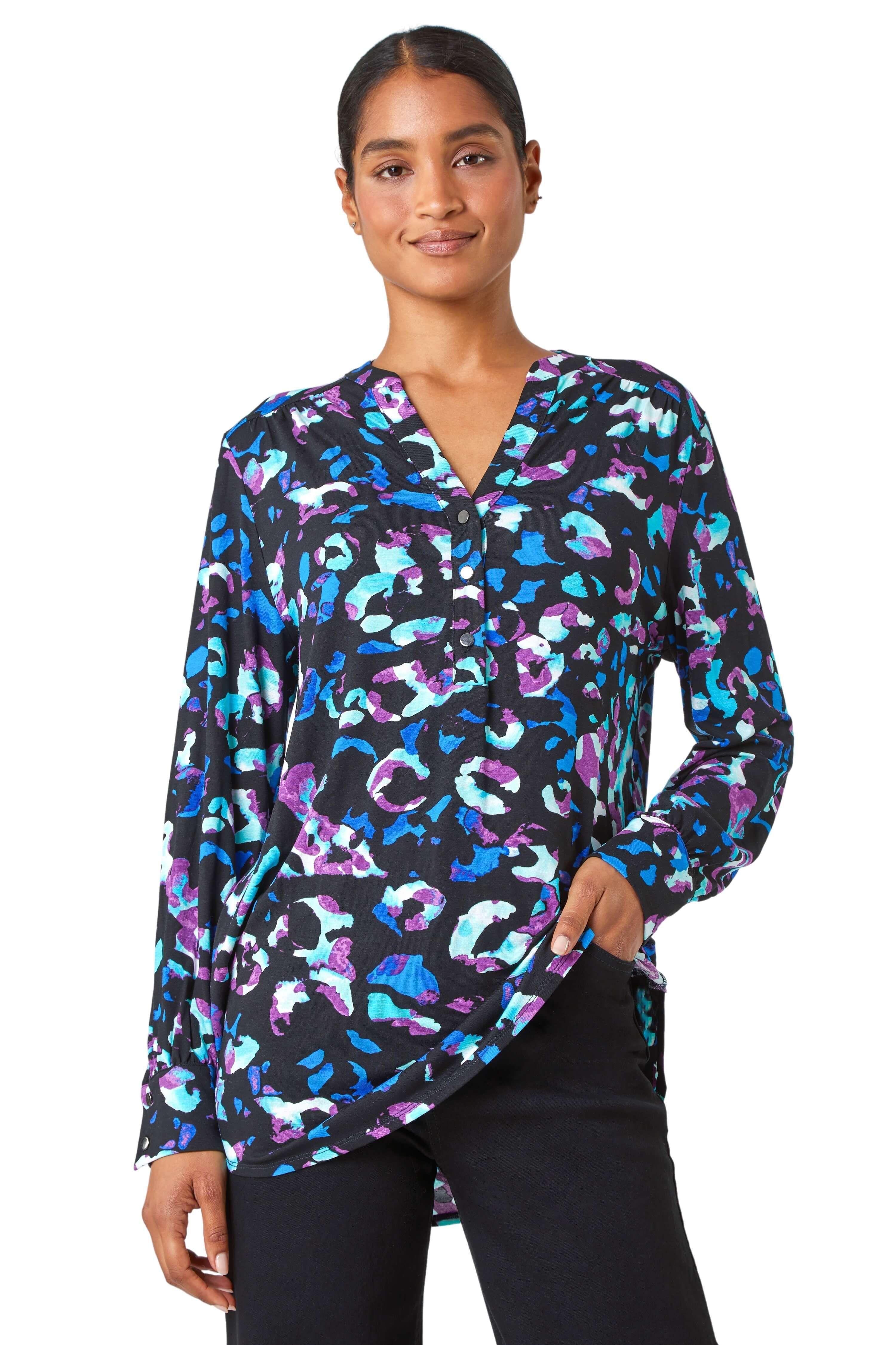 Animal Print V-Neck Stretch Shirt Top by ROMAN
