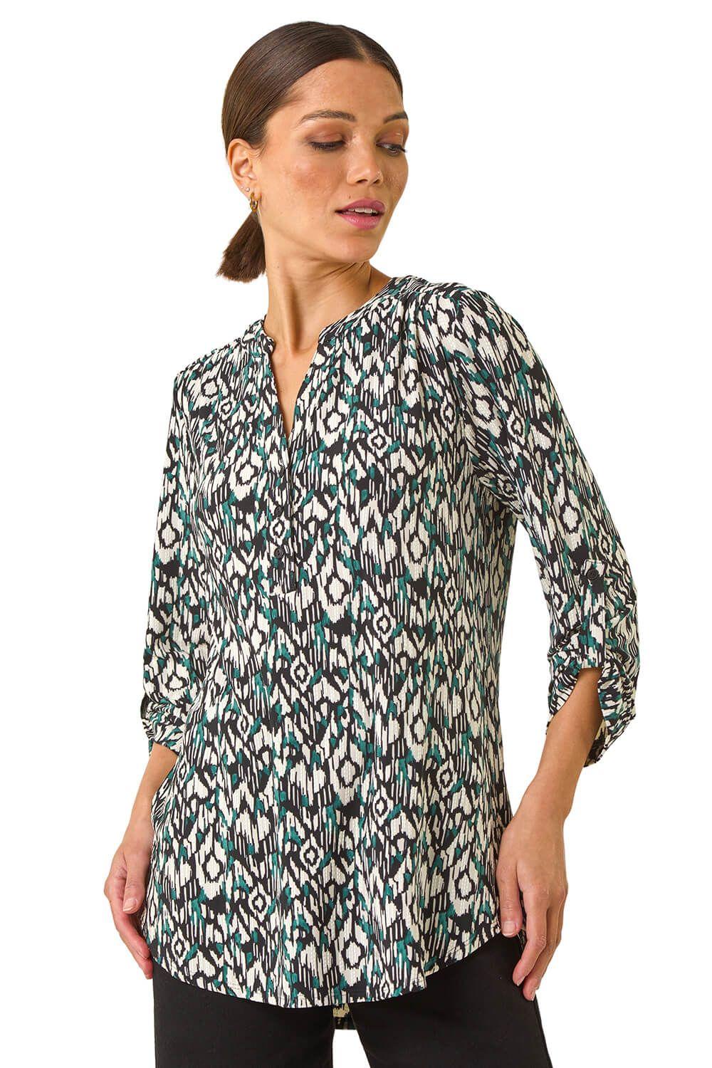 Aztec Print V-Neck Stretch Blouse by ROMAN