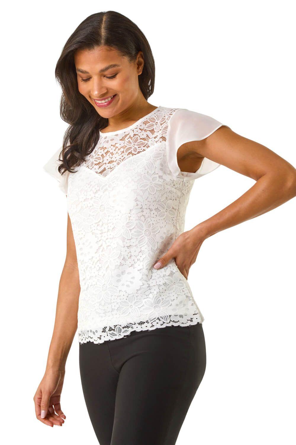 Chiffon Sleeve Floral Lace Top by ROMAN